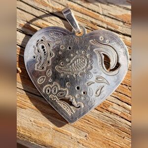 ❤️ Neat 925 sterling silver bandana design heart large necklace pendant ❤️